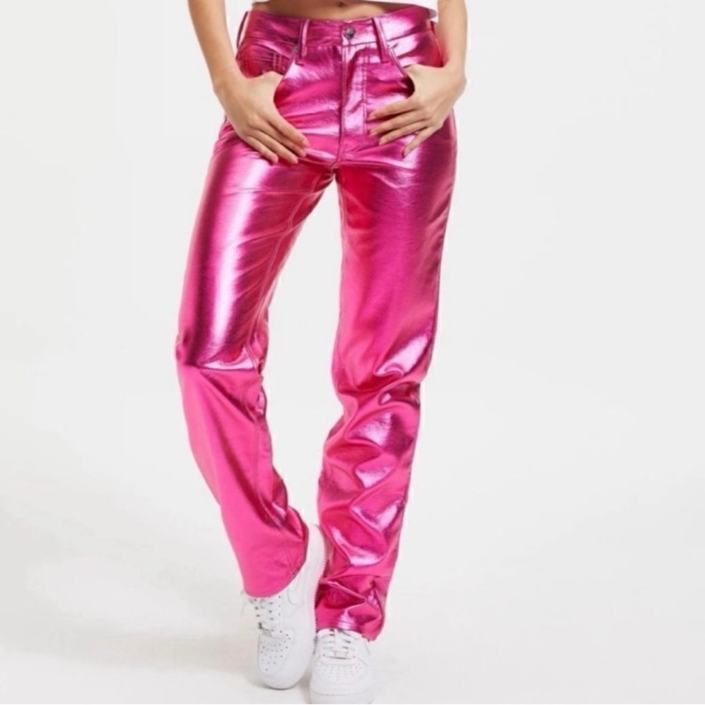 NWOT GOOD AMERICAN Metallic Pink Women's Pants - Shiny Straight Leg